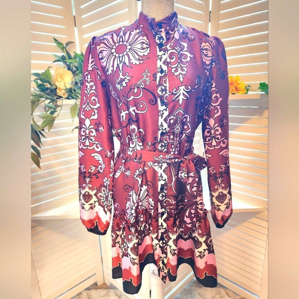 KASIA NEW SILK LIKE GEOMETRIC PEPLUM  TIE FRONT DRESS SIZE SMALL RETAIL $187.00